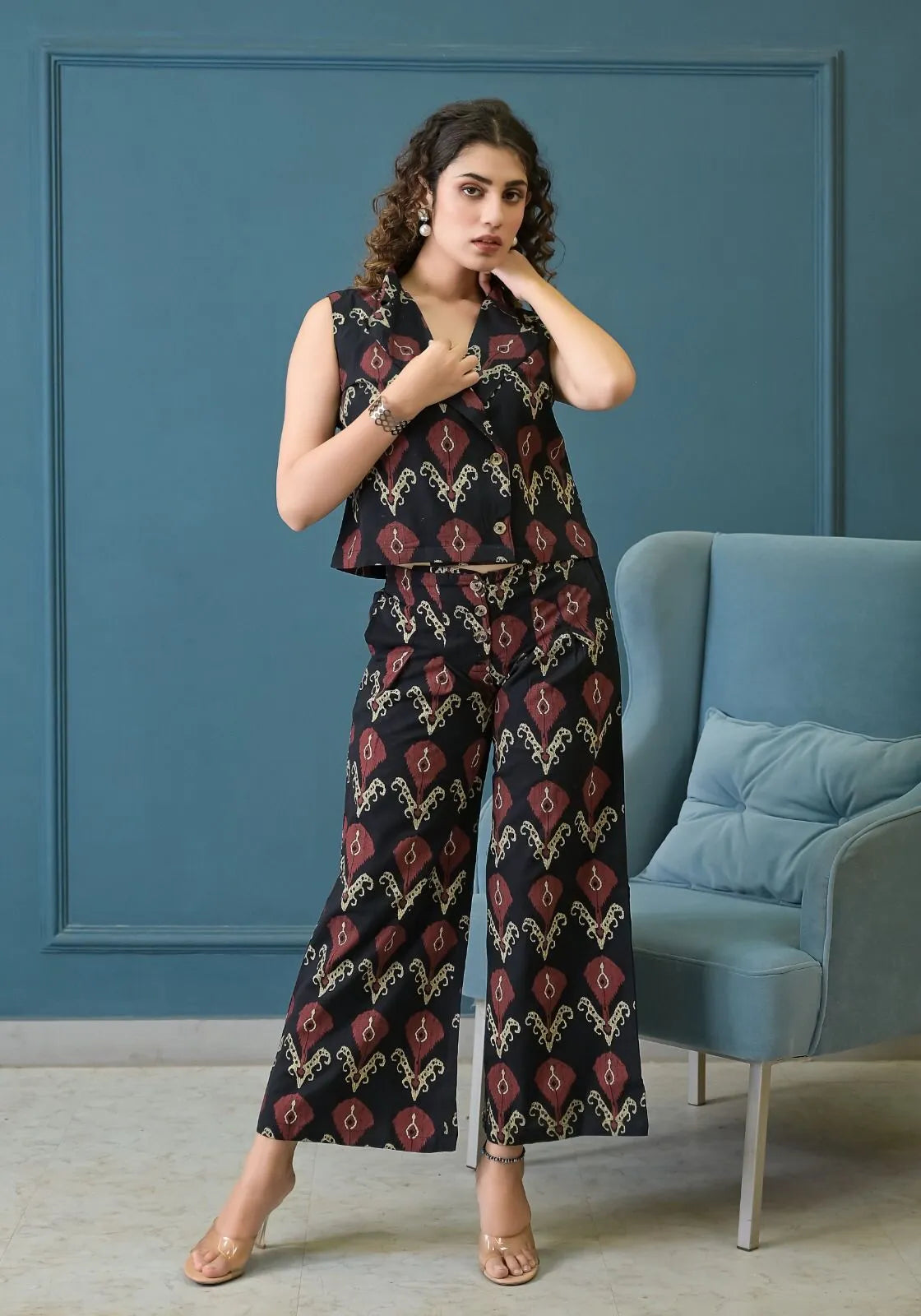 Black Ikat Palazzo Co-ord Set with Double Pocket