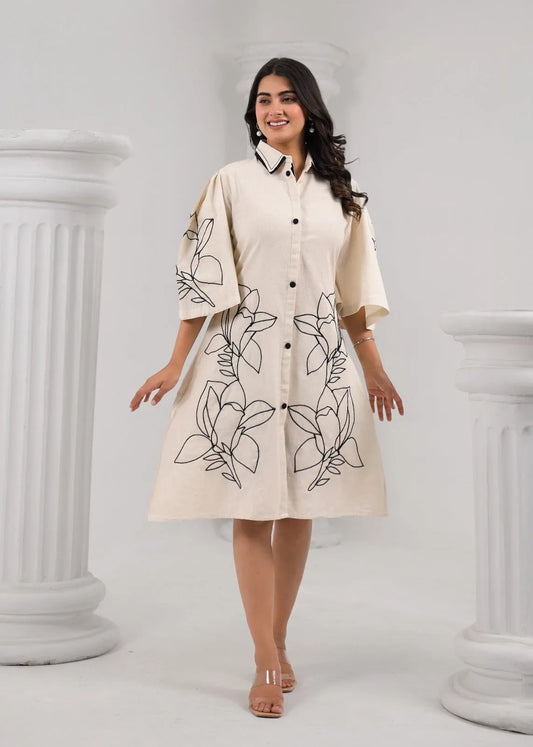Off White Floral A-Line Khaadi Cotton Dress