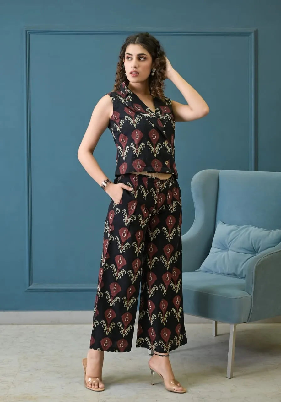 Black Ikat Palazzo Co-ord Set with Double Pocket