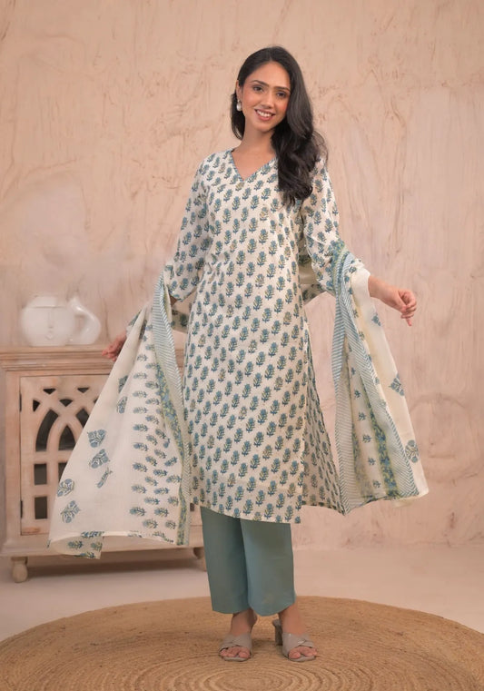 Teal Solid Straight Pant Suit Set with Gota Patti