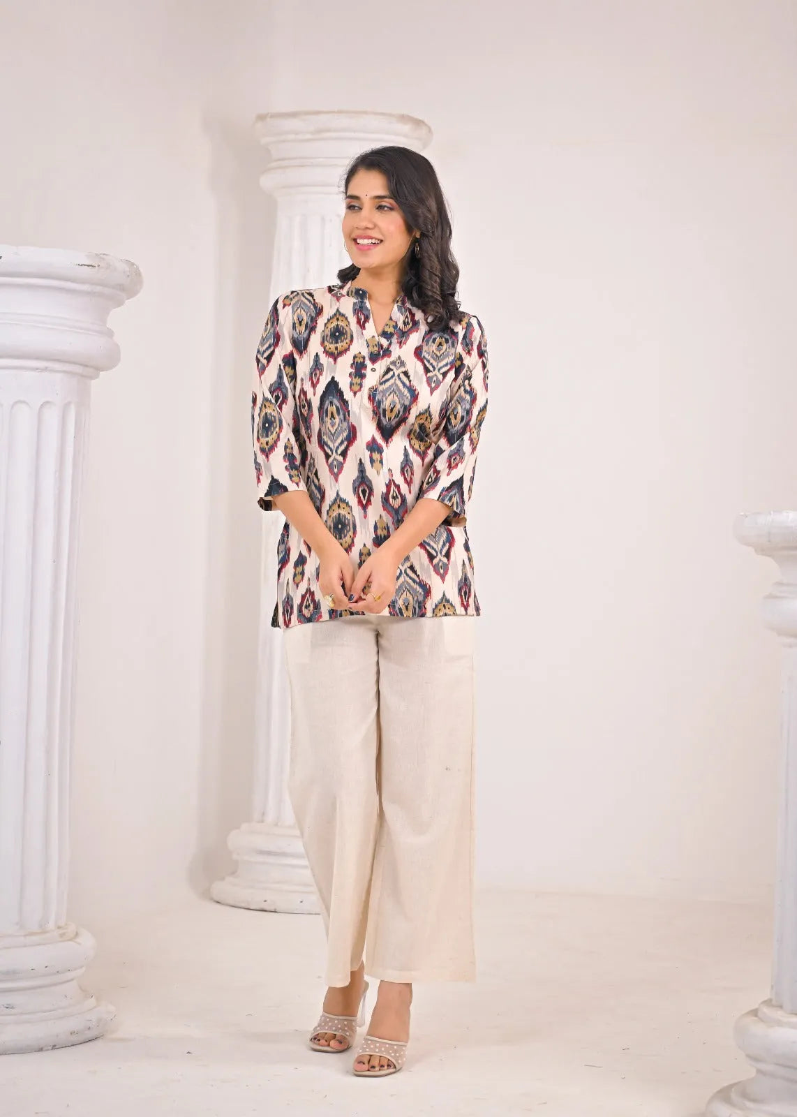 Beige Ikat Rayon Short Kurti