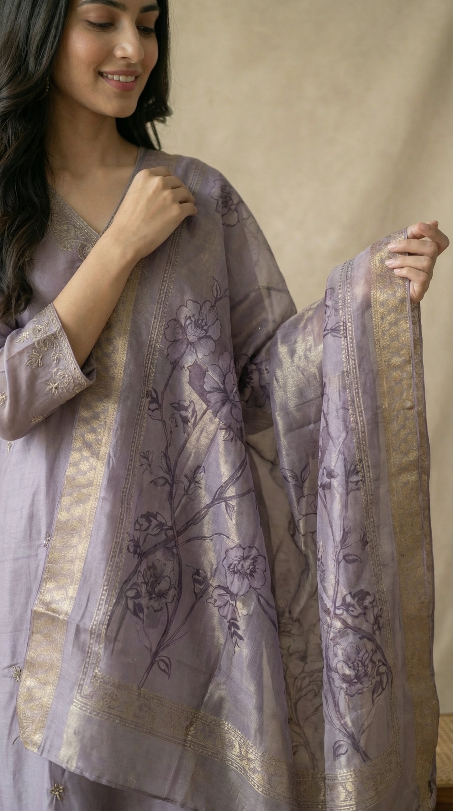 Lavender Silk Embroidered Kurta Set with Dupatta